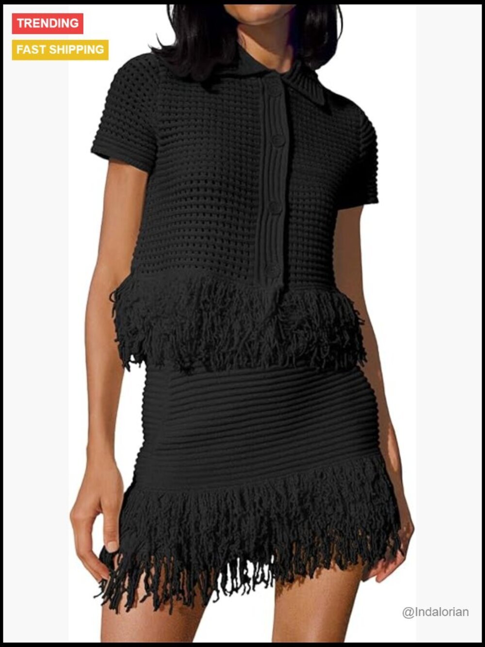 Womens 2 Piece Outfits Crochet Short Sleeve Button Knit Sweater and Fringe